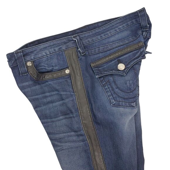 TRUE RELIGION Jeans Womens 31 Blue Leather Accent Flap Pockets Designer Bootcut - Picture 3 of 11